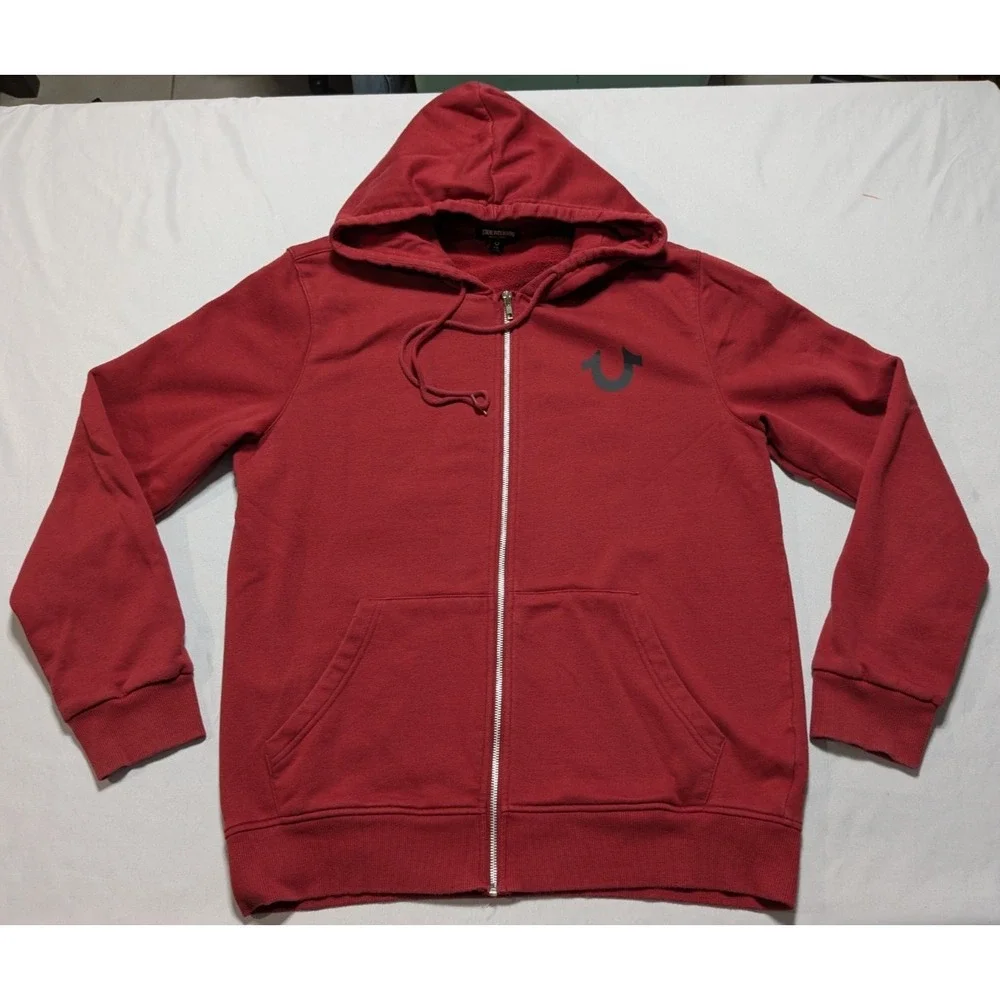 True Religion Buddha Hoodie - Men Large Burgundy Zip‎ Double-Sided